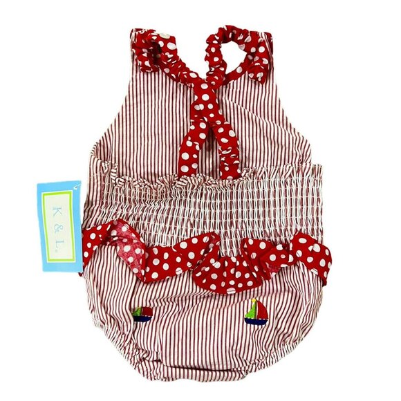 NEW K & L 18m Red Seersucker Embroidered Sailboat Swim Bathing Suit - Picture 2 of 5